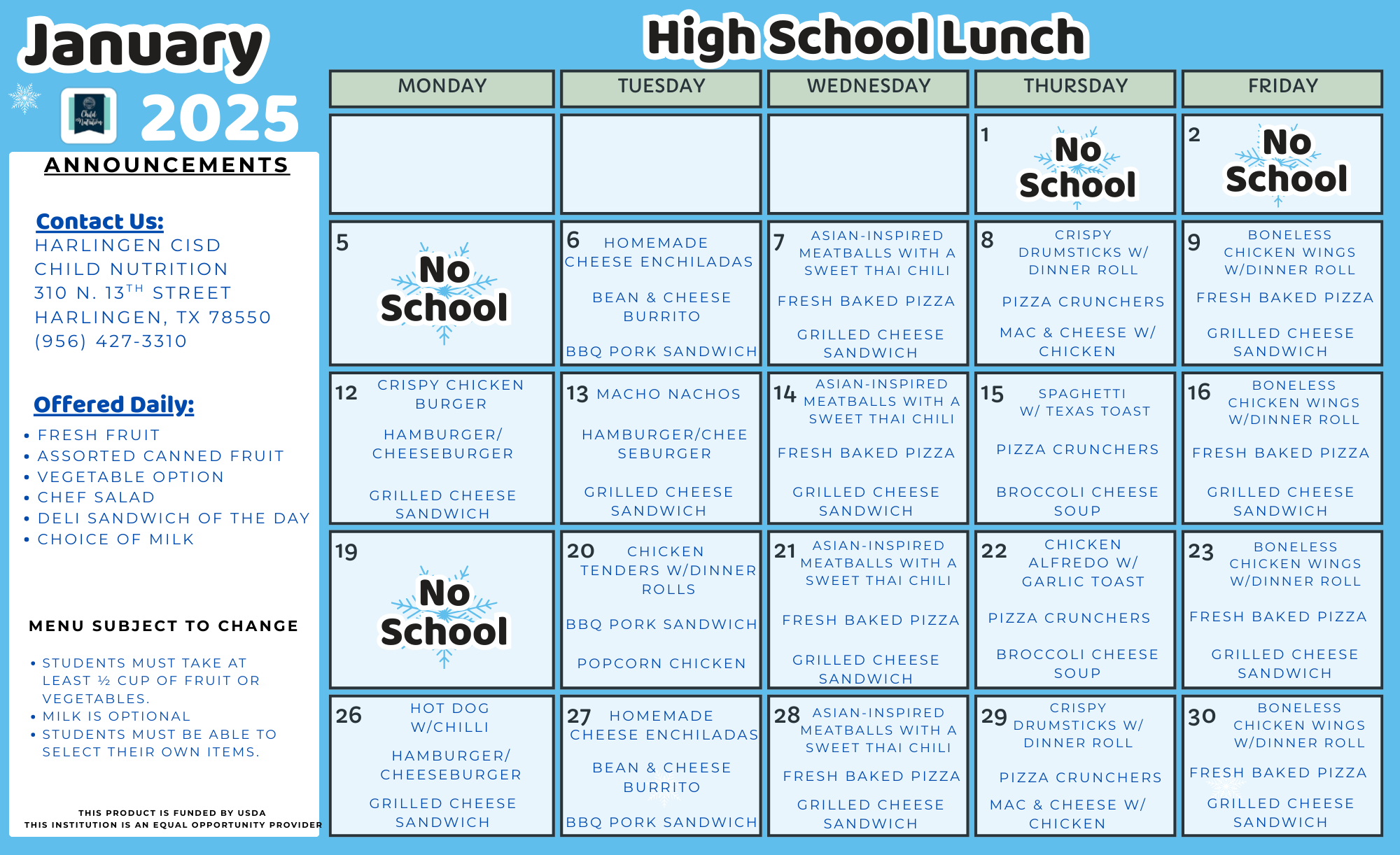 High School Updated Menu 12/9/25